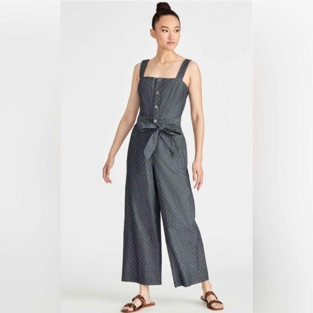 Rachel Rachel Roy Gray with White Polka Dot Ankle Wide Leg Denim Jumpsuit